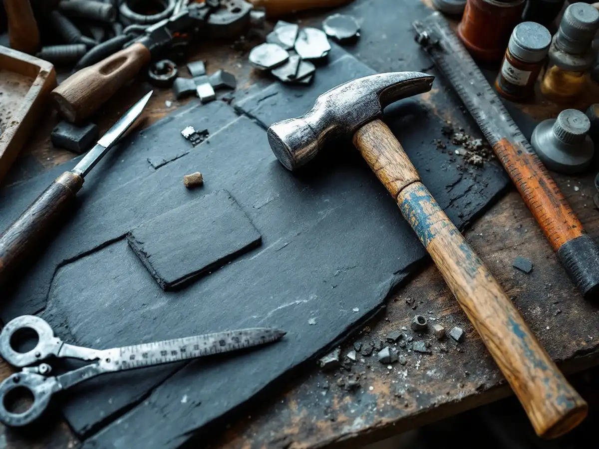 Outils de couvreur posés sur un établi : marteau à ardoise, cisaille à zinc, chutes d'ardoise et de zinc