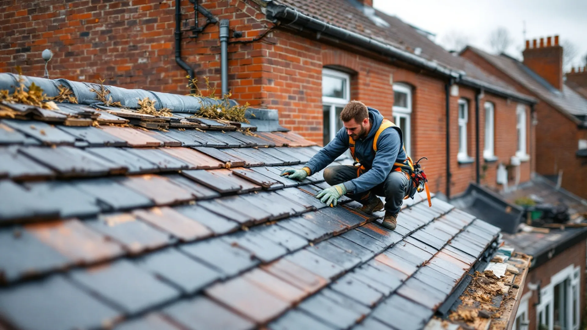 Couvreur au travail sur une toiture en ardoises d'une maison en briques du Hainaut