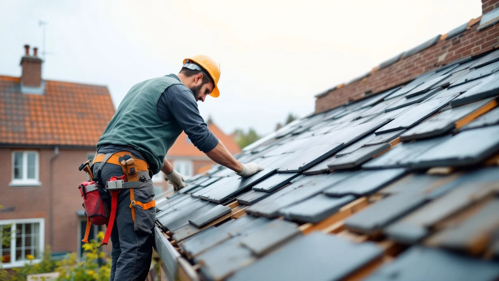 Rénovation d'une toiture en ardoises sur une maison en briques du Borinage