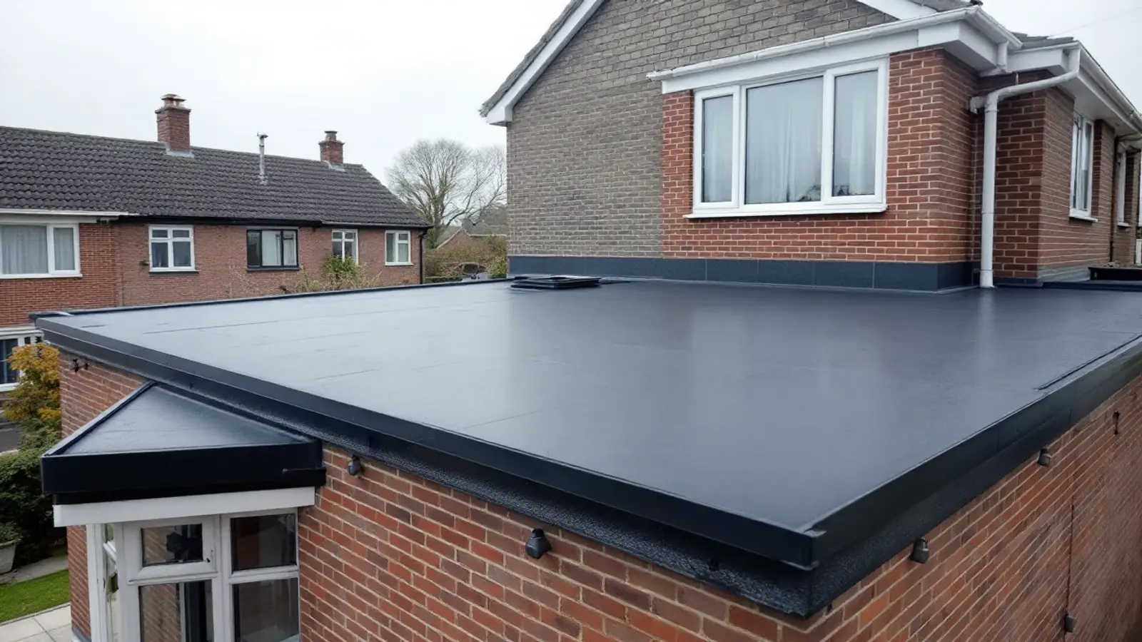 Toiture plate en membrane EPDM avec acrotère et avaloir sur une annexe en briques